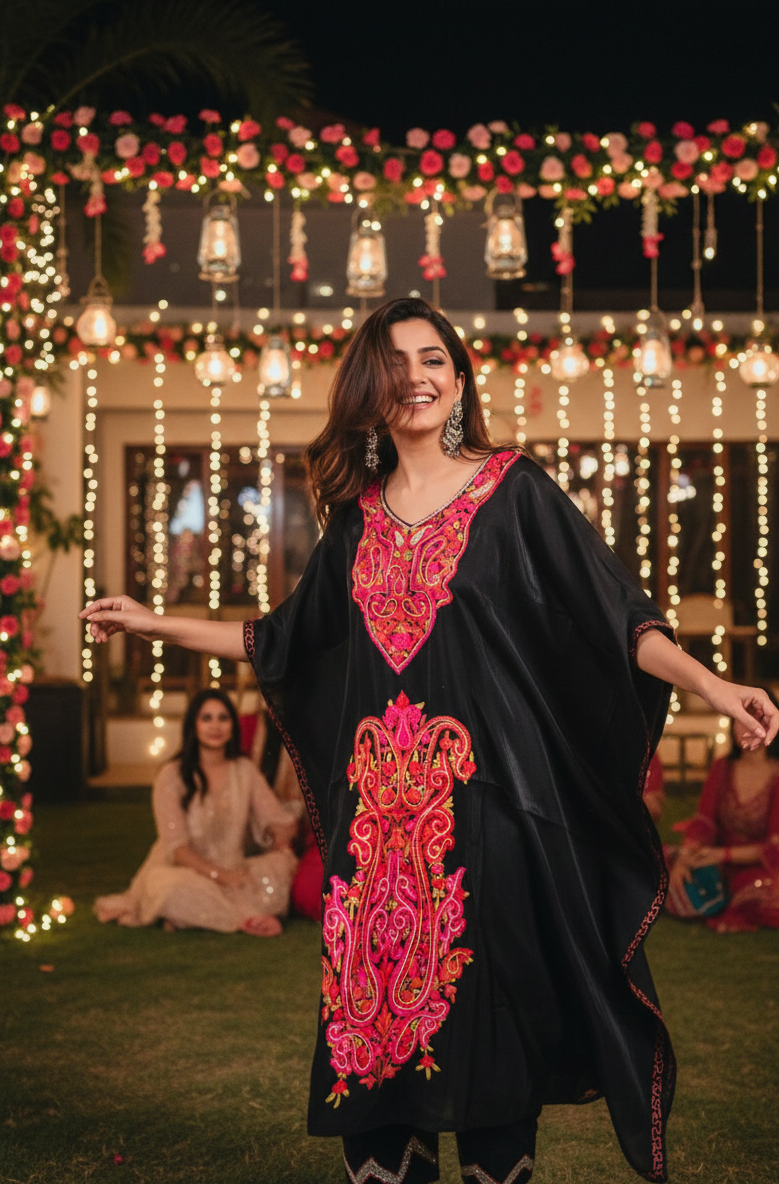 Midnight Bloom Kashmiri Kaftan with Pants | Ladies Sangeet Outfit