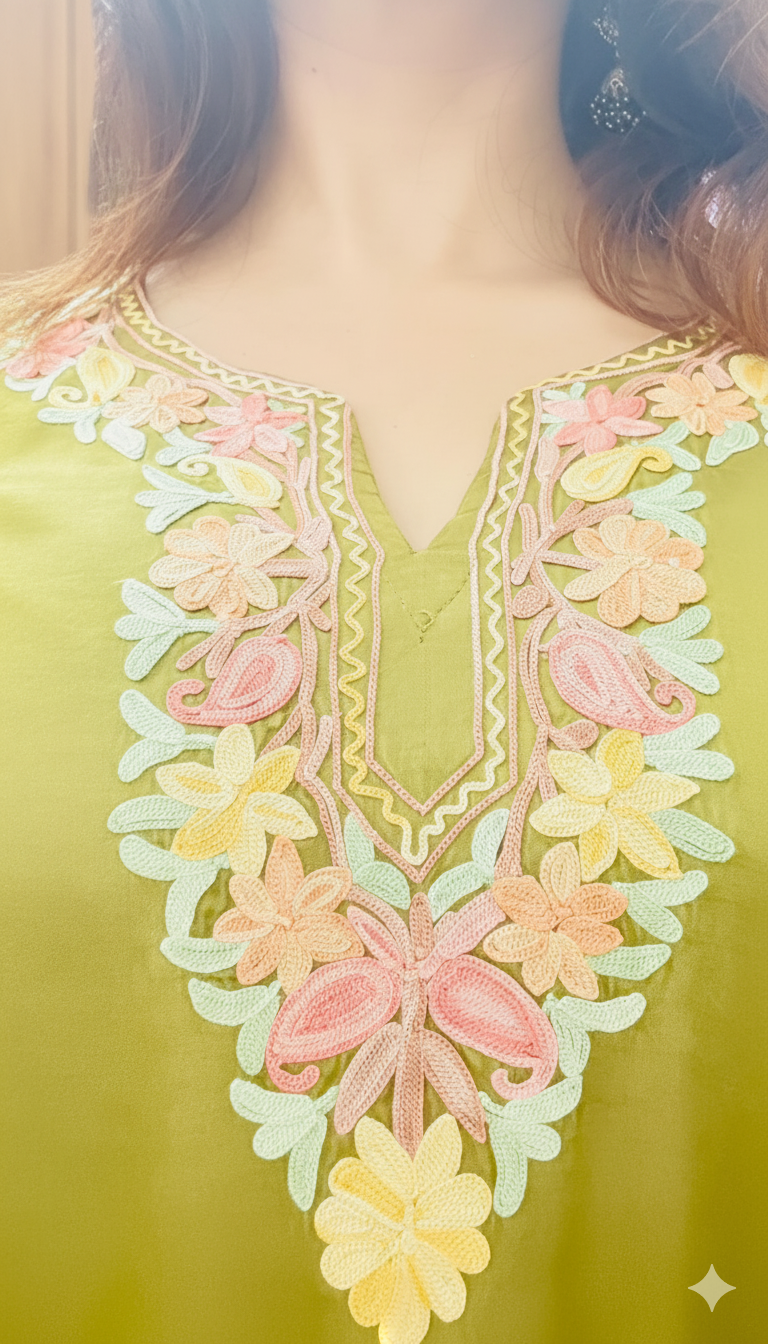 Premium Coord Set, Light Green Kurti with Cream Pants (Super Marisa Fabric)