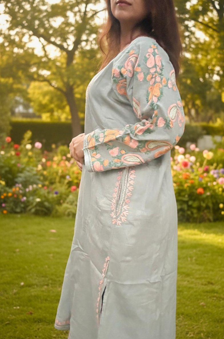 Kashmiri Phiran with Pants-Pearl Grey| Woolen Muse