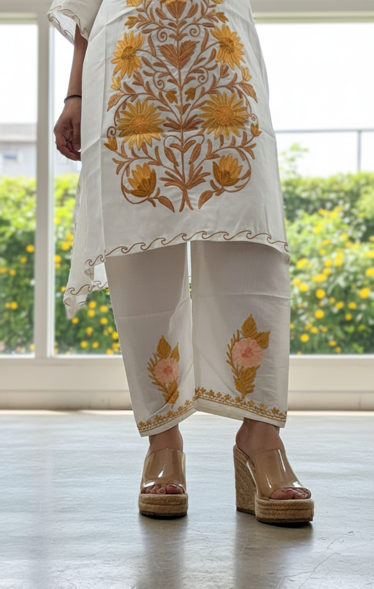 White Kaftan with Yellow Aari Embroidery | Boho Muse