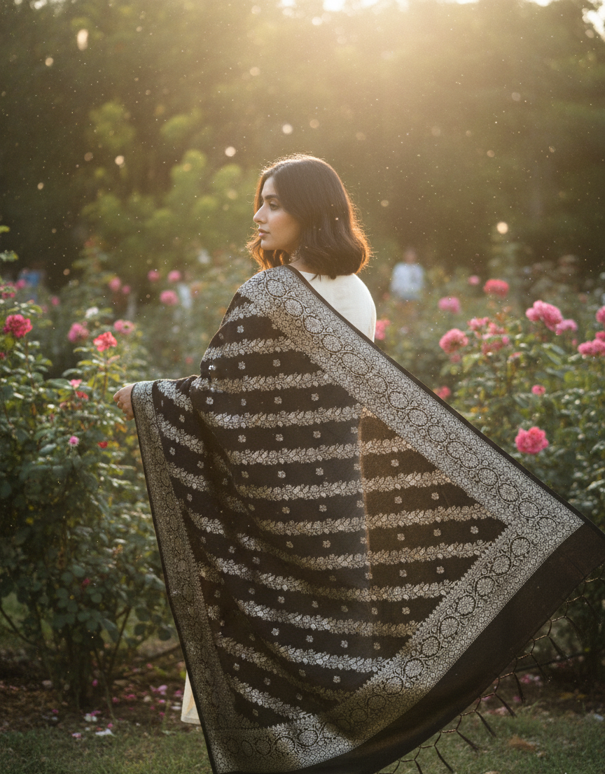 Classic Black Dupatta with Silver Zari Floral Weaving | Banarasi Silk