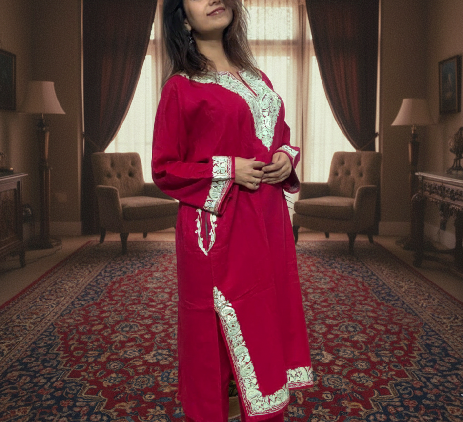 Kashmiri Phiran with Pants-Fuchsia Pink | Woolen Muse