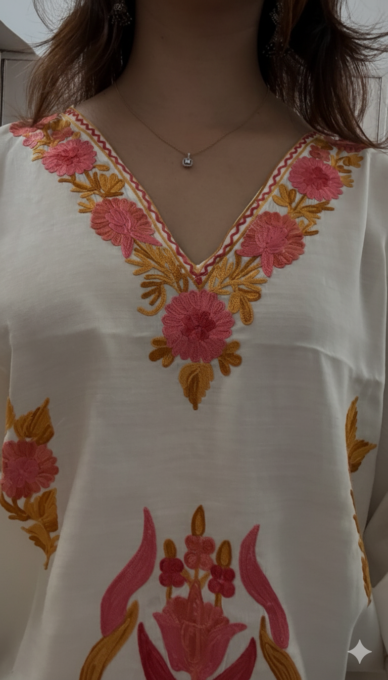 Elegant White Kaftan with Aari Embroidery | Boho Muse