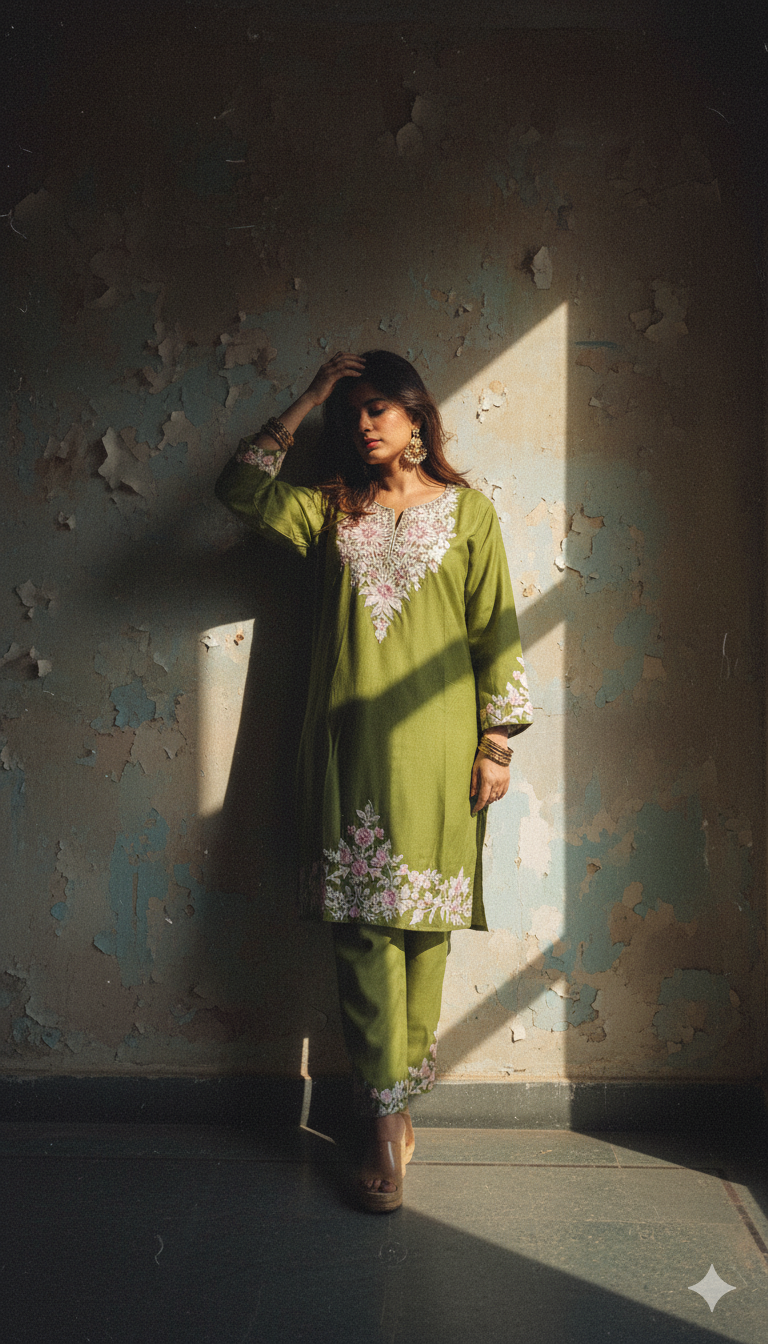 Light Green Coord Set with Pink and Cream Embroidery (Kurti with Pants) | Festival Collection