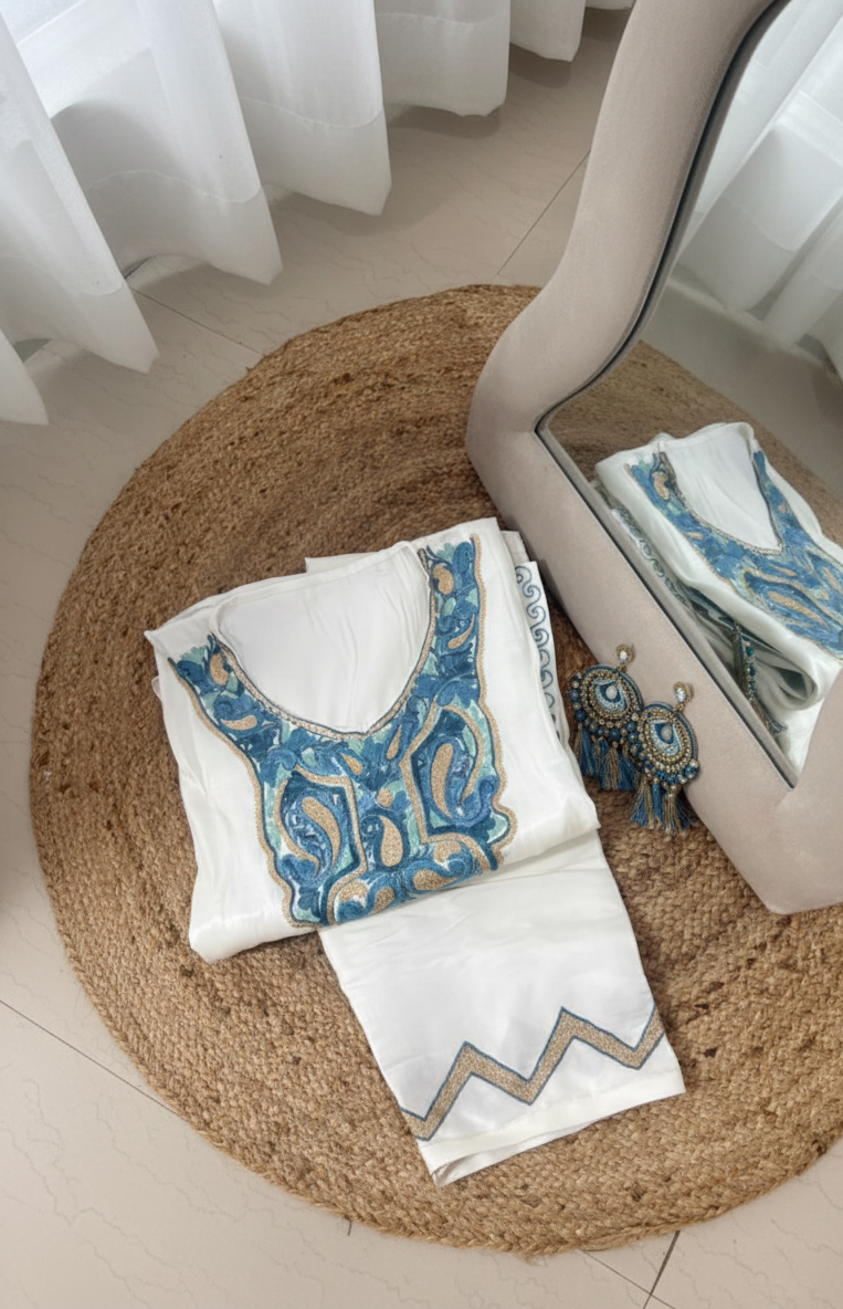 Ivory Aari Embroidered Kashmiri Kaftan| Mehendi Ceremony Oufit