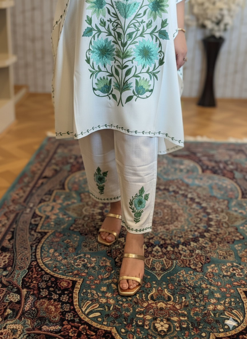 Stylish White Kaftan with Green Kasmir Aari Embroidery | Boho Muse Collection