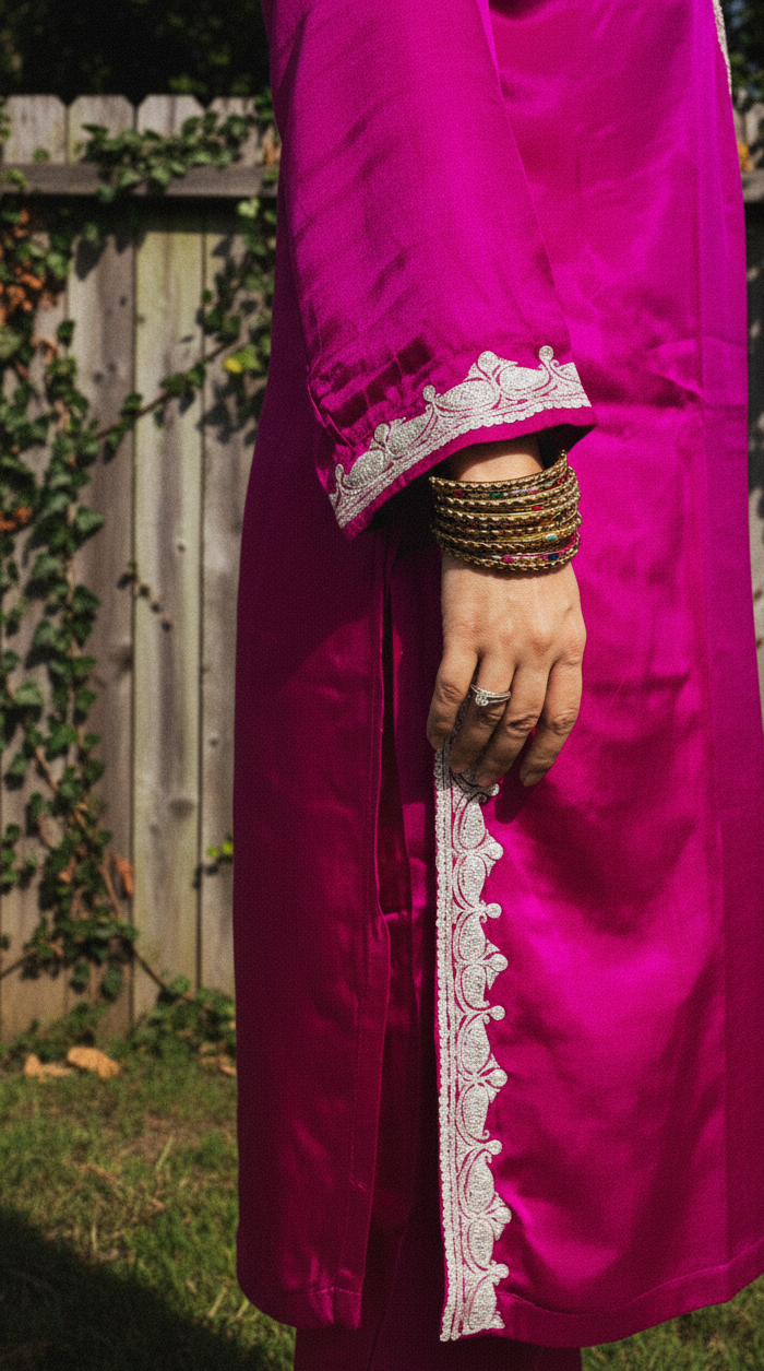 Bright Magenta Satin Suit Set (Kurta, pants and Dupatta) | Ladies Sangeet Outfit