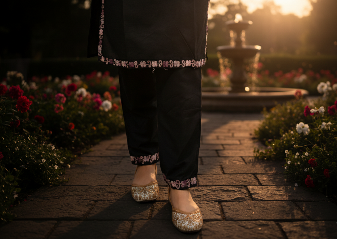 Black kurta delicate lavender and white floral patterns | Everyday Ease