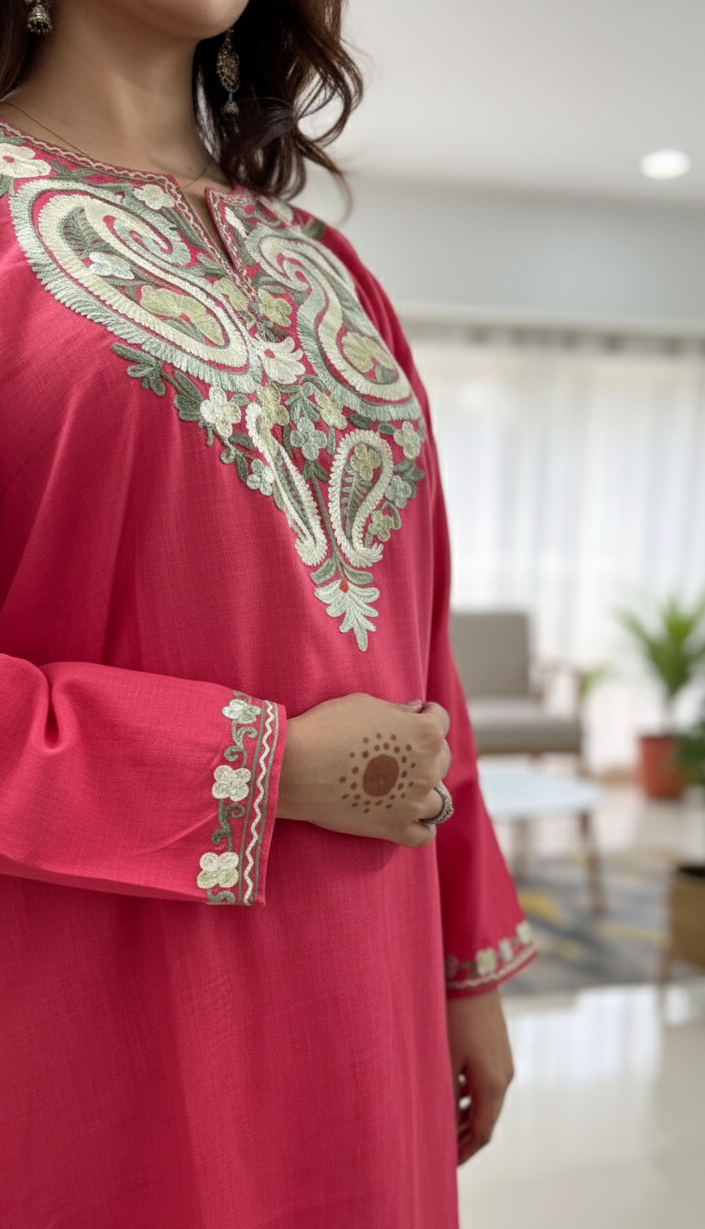 Coral Rose Coord Set with Beige Aari Embroidery | Everyday Use