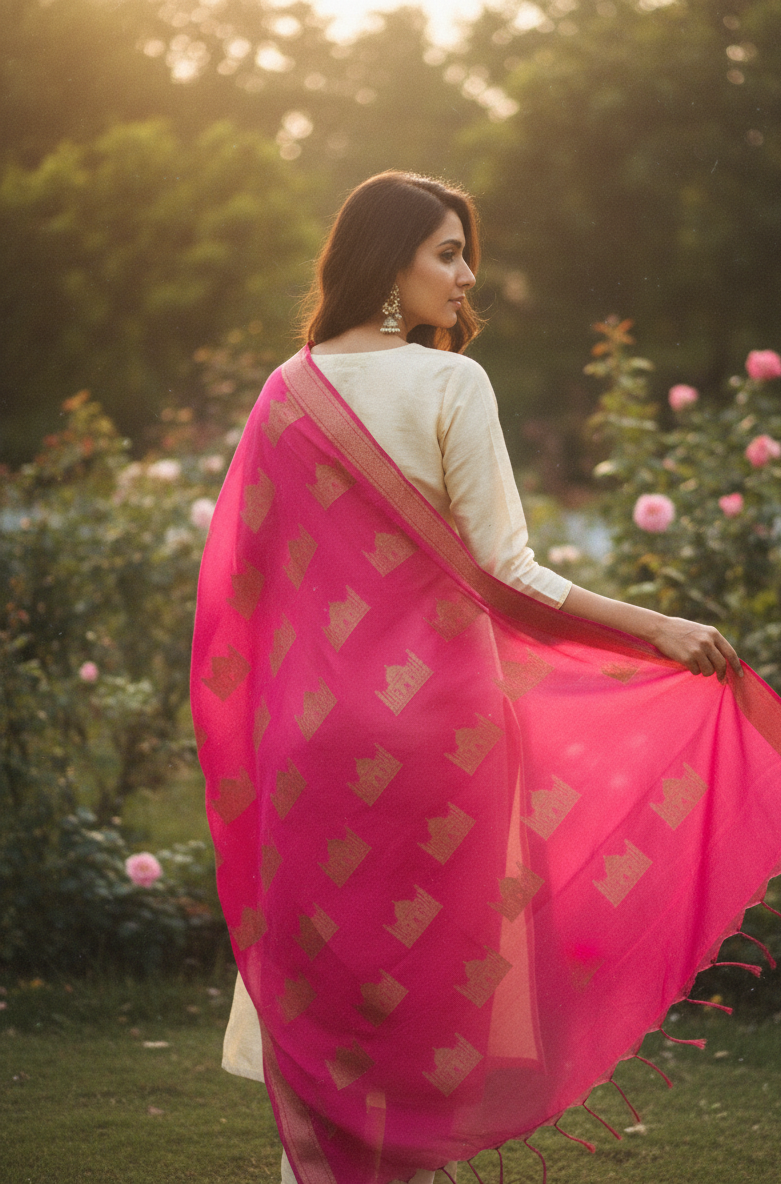 Hot Pink with Taj Mahal motif weaving | Banarasi