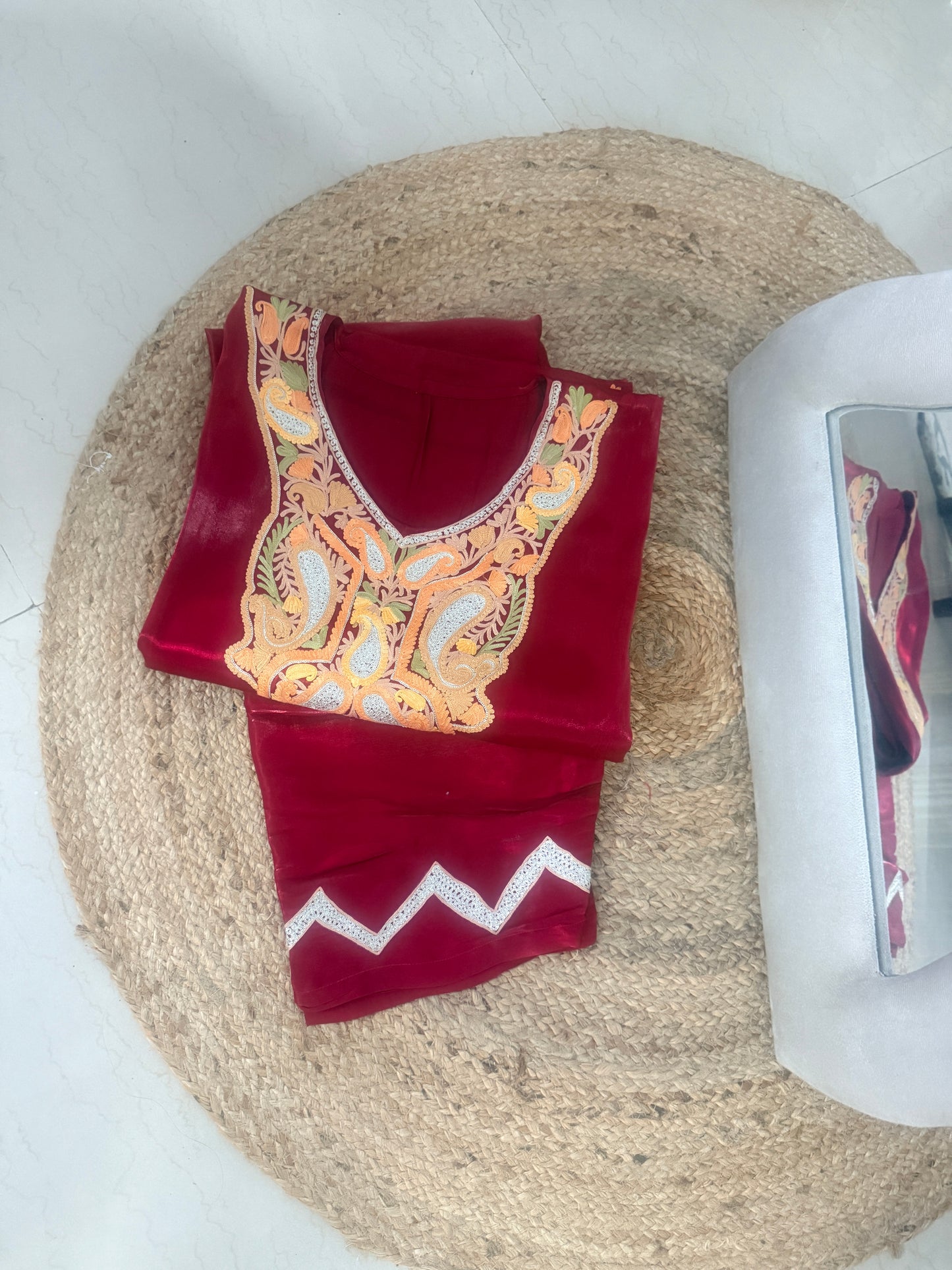 Crimson Kashmiri Embroidered Kaftan with Pants | Ladies Sangeet Outfit