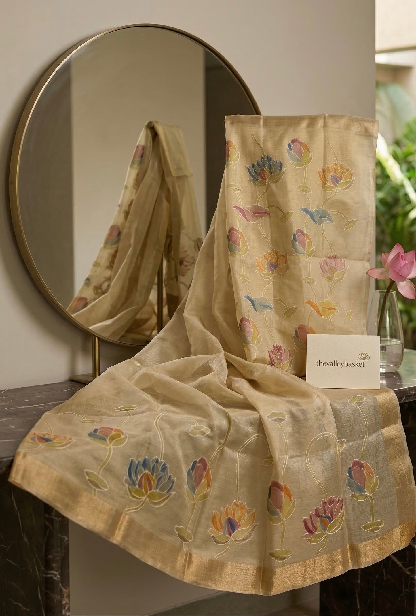 Soft Pistachio Organza Saree with Pastel Lotus Embroidery | All Season Six Yards