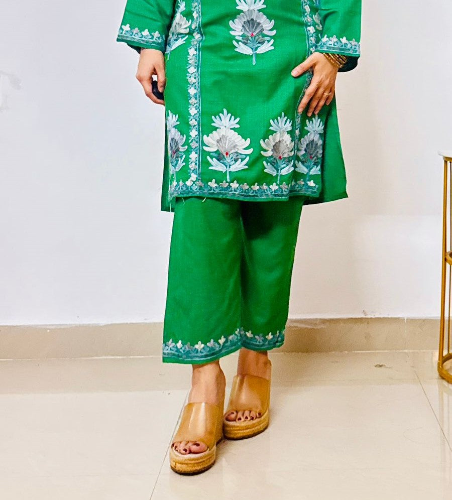 Green Coord Set with Floral Embroidery (Kurti with Pants) | Everyday Ease