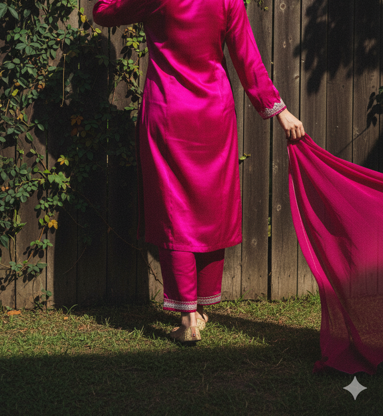 Bright Magenta Satin Suit Set (Kurta, pants and Dupatta) | Exclusive Collection