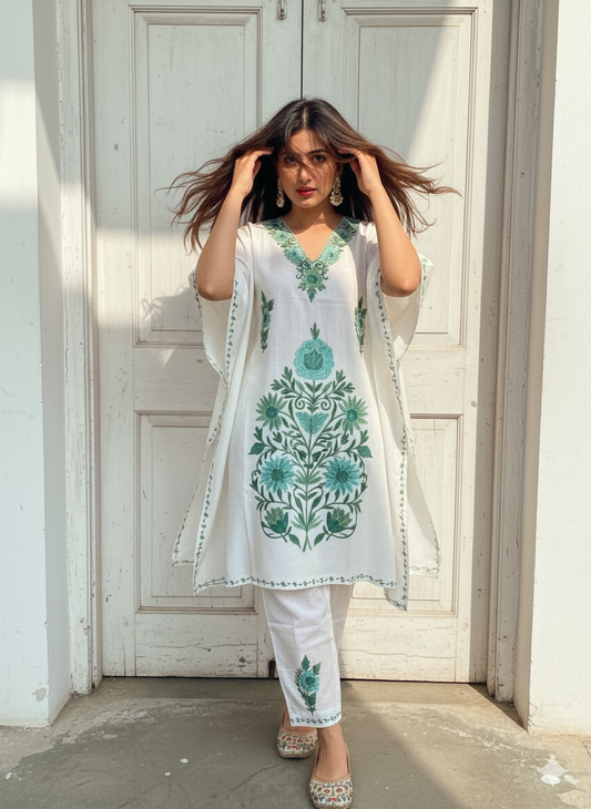 Stylish White Kaftan with Green Kasmir Aari Embroidery | Boho Muse Collection