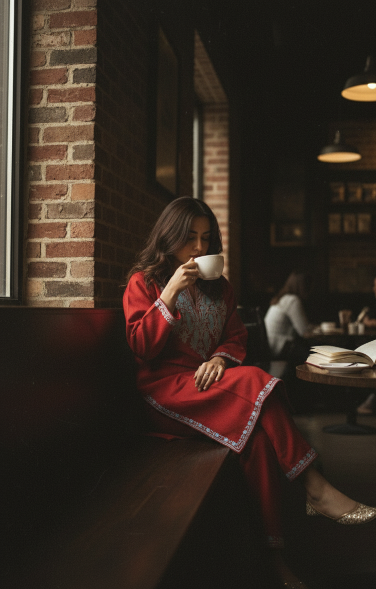 Deep Red Coord Set with Off white Aari Embroidery | Everyday Use