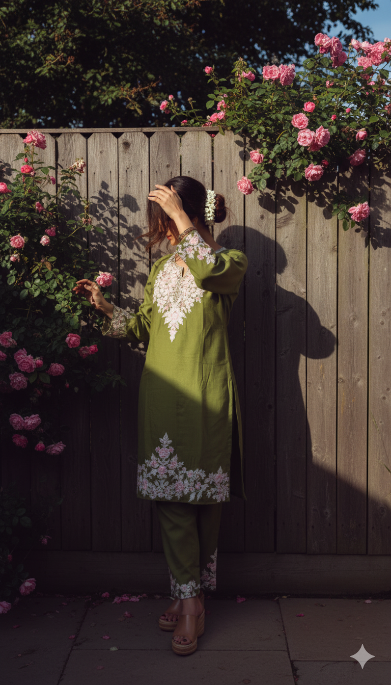 Light Green Coord Set with Pink and Cream Embroidery (Kurti with Pants) | Festival Collection