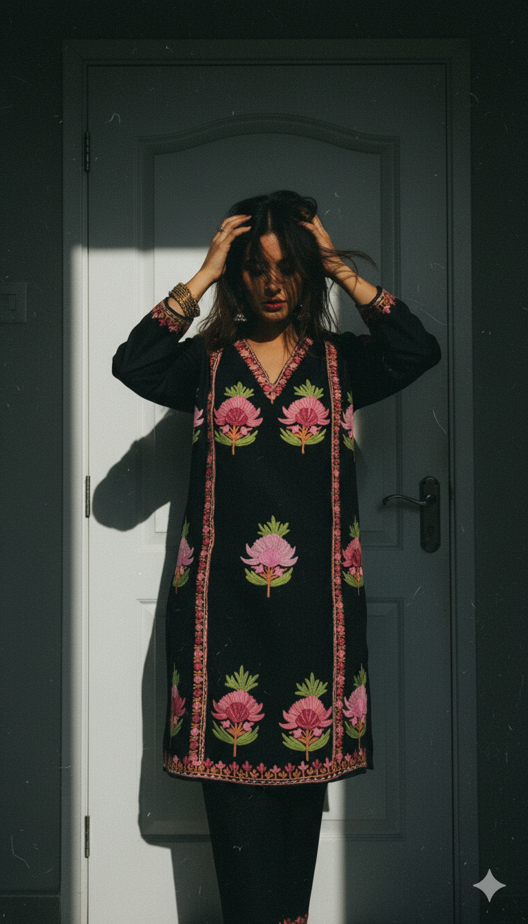 Black Coord Set with Floral Embroidery (Kurta with Pants) | Everyday Ease