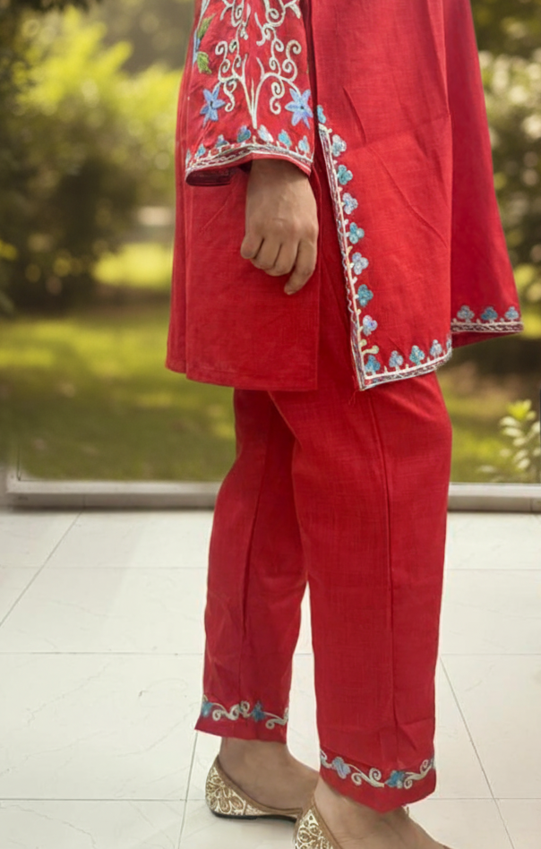 Red Coord Set with Colorful Embroidery (Kurti with Pants) | Everyday Ease