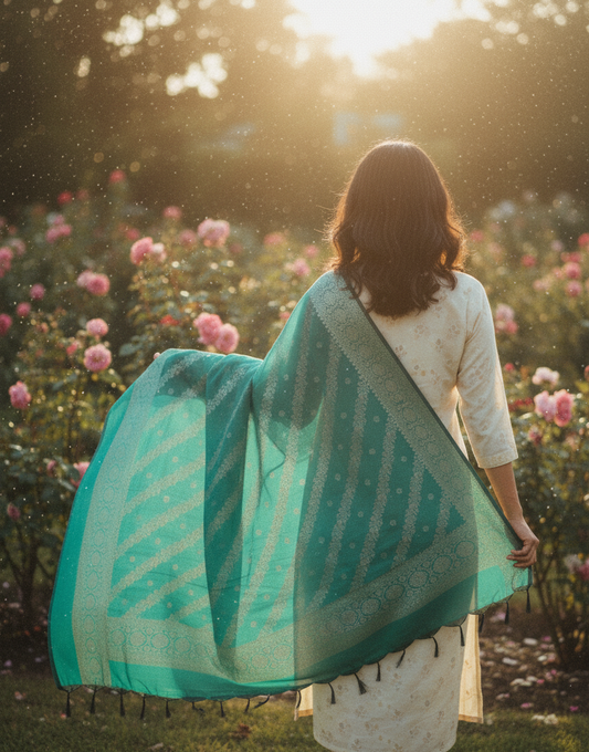 Peacock Green Banarasi Dupatta | Silk