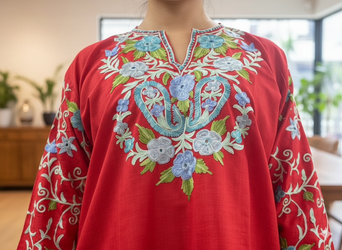 Red Coord Set with Colorful Embroidery (Kurti with Pants) | Everyday Ease