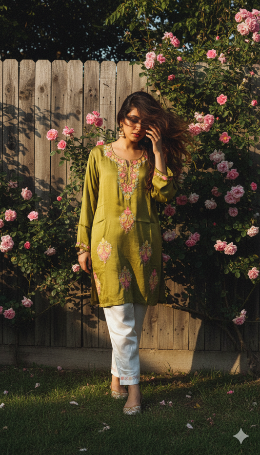 Premium Coord Set, Light Green Kurti with Cream Pants (Super Marisa Fabric)