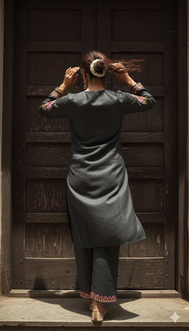 Black Coord Set with Floral Embroidery (Kurta with Pants) | Everyday Ease