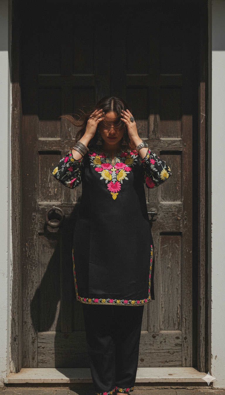 Black Coord Set with Floral Aari Embroidery (Kurti with Pants) |Everyday Ease