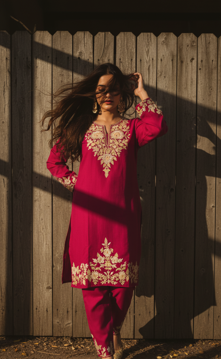 Dark Pink (Magenta) Coord set with Floral Embroidery | Everyday Ease