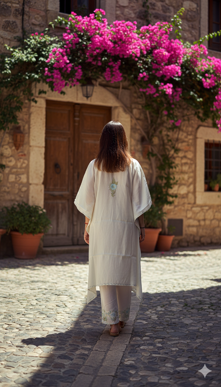 White Kaftan with Light Green Kashmir Aari Embroidery | Boho Muse Collection