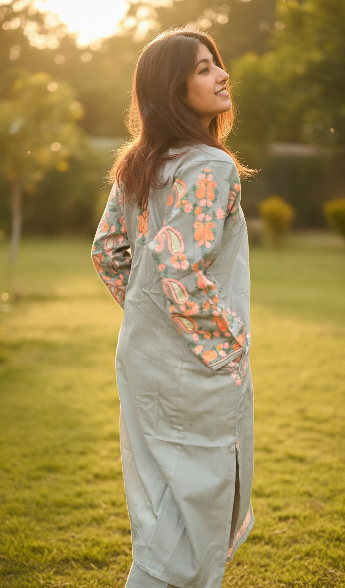 Kashmiri Phiran with Pants-Pearl Grey| Woolen Muse