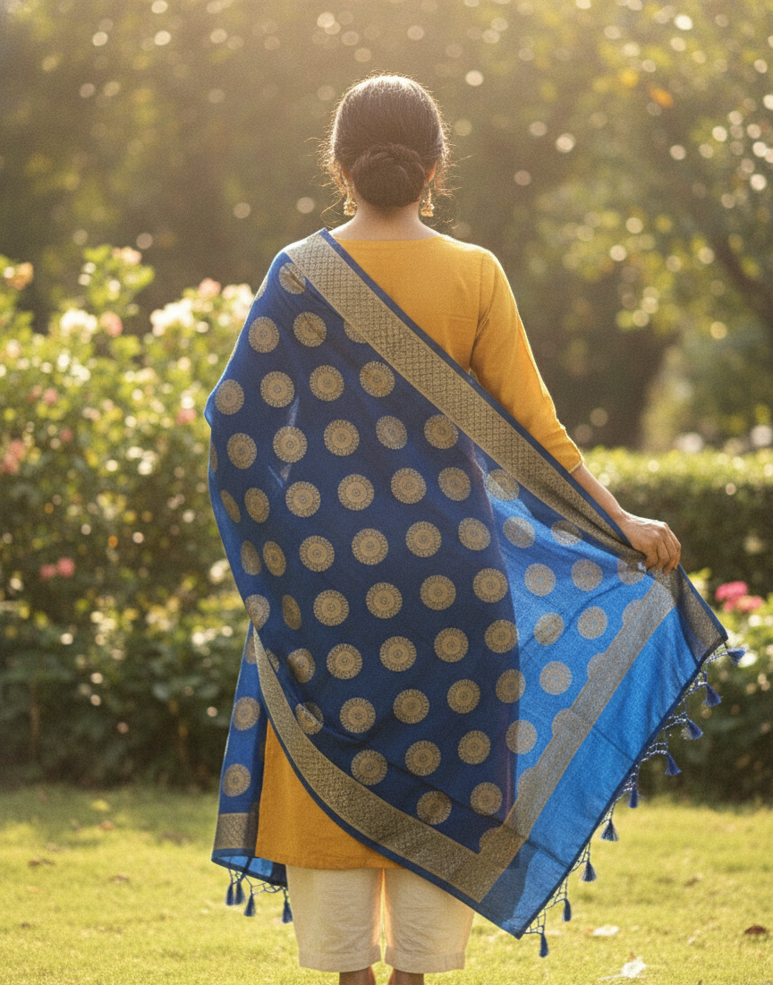 Royal Blue Zari Buta Dupatta | Banarasi Silk