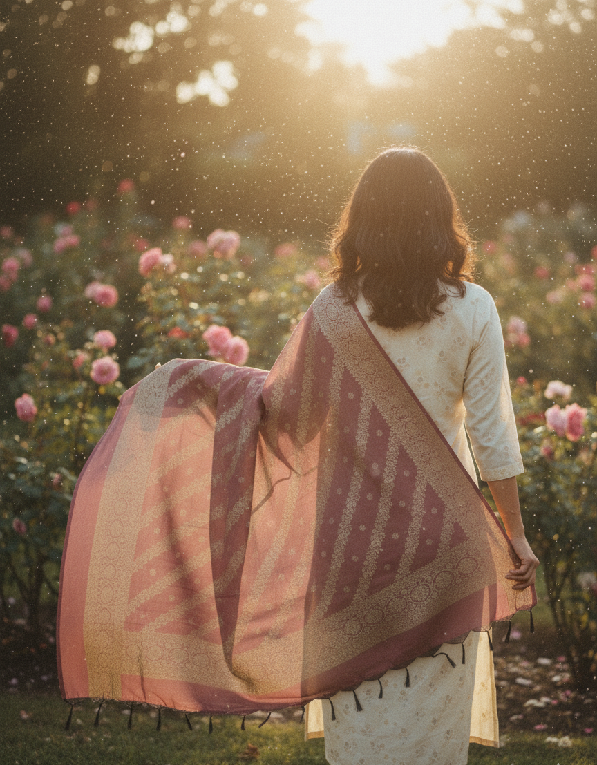 Blush Pink Dupatta with Gold Zari | Banarasi Dupatta