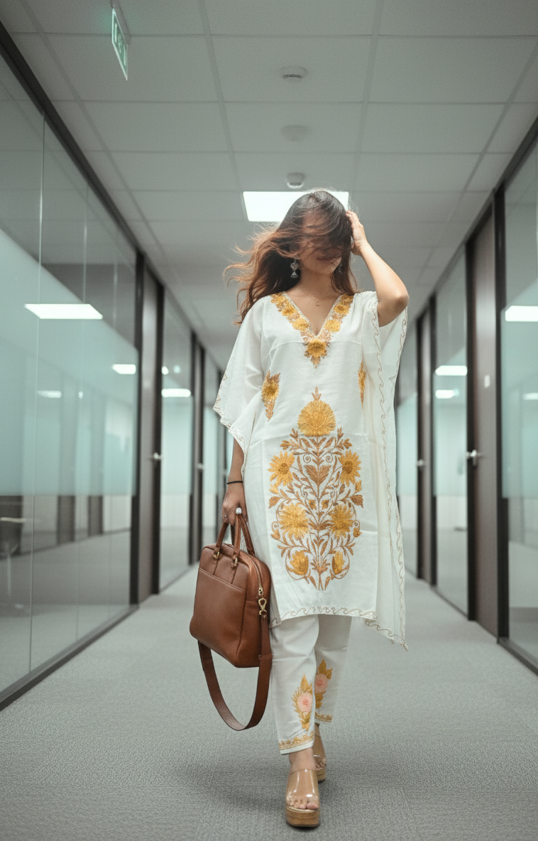 White Kaftan with Yellow Aari Embroidery | Boho Muse