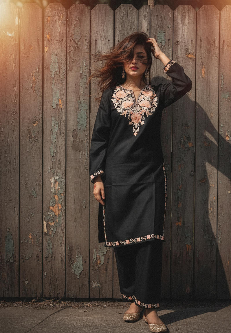 Jet Black Coord Set with Peach Aari Embroidery | Everyday Ease