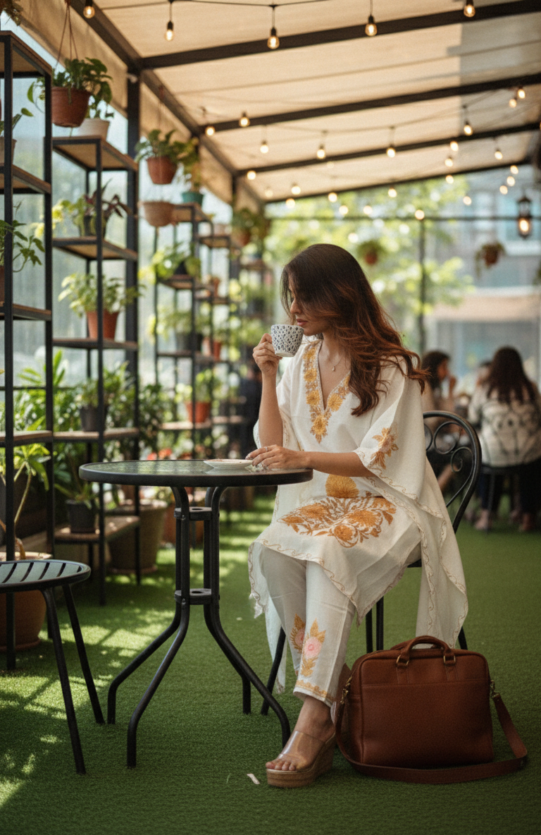 White Kaftan with Yellow Aari Embroidery | Boho Muse