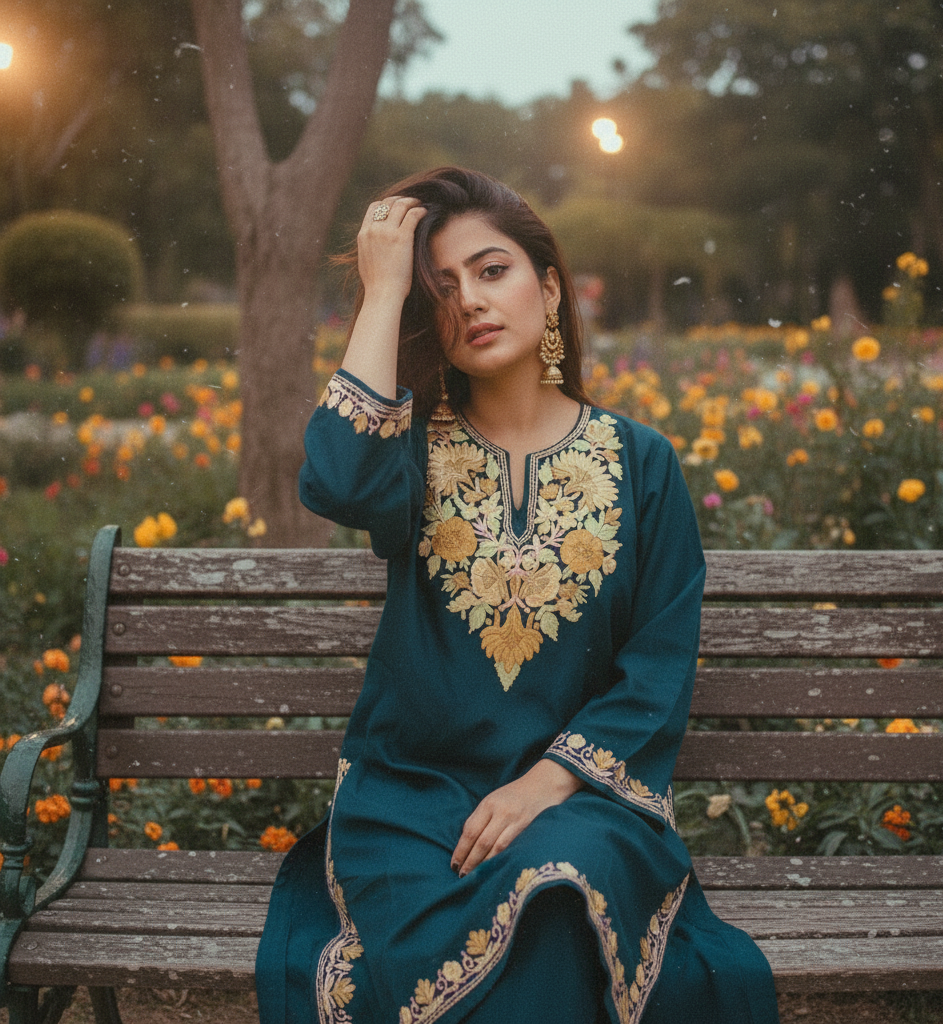 Kashmiri Phiran with Pants - Teal Blue with Flower Embroidery | Woolen | Winter Collection