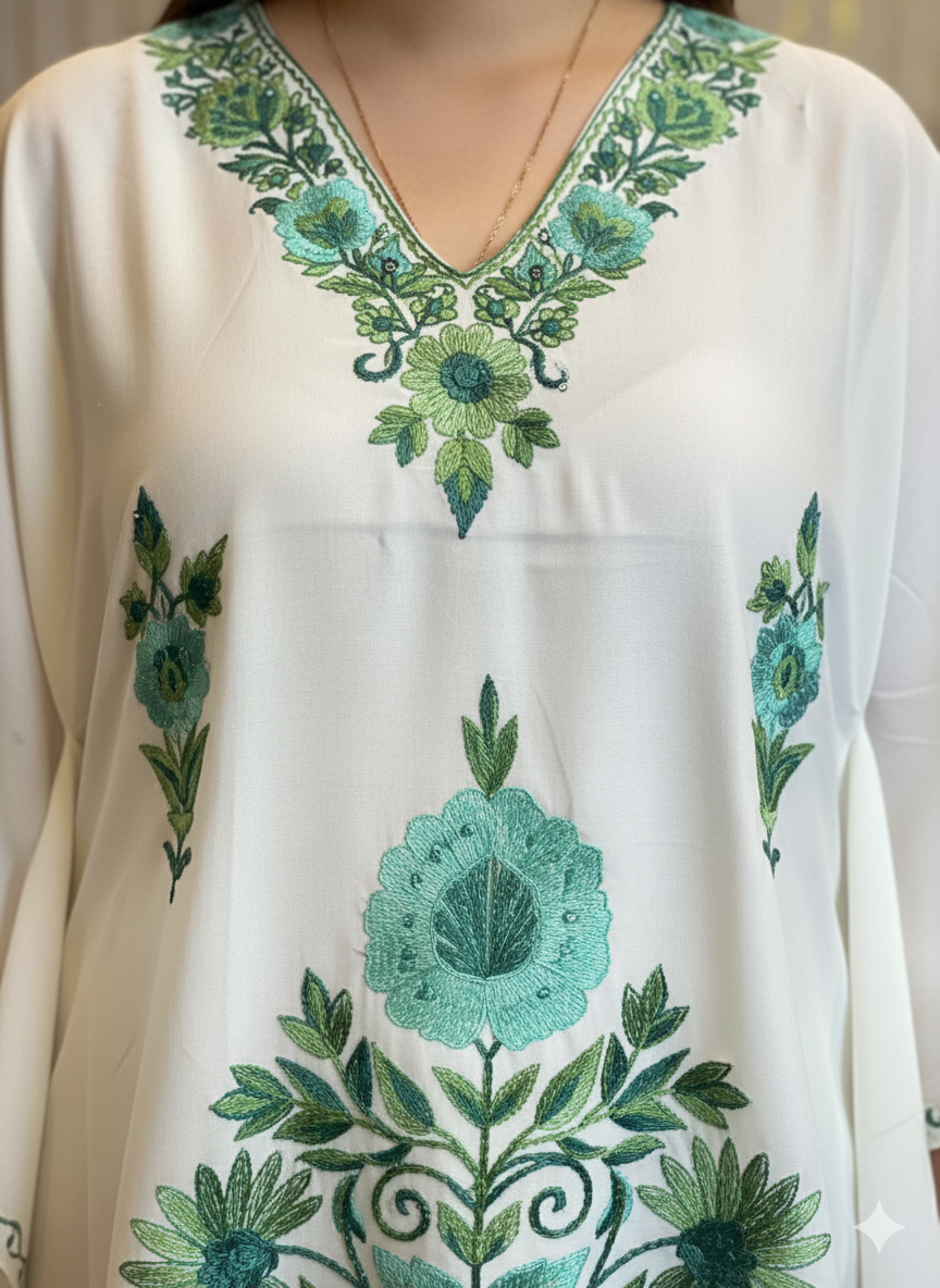 Stylish White Kaftan with Green Kasmir Aari Embroidery | Boho Muse Collection