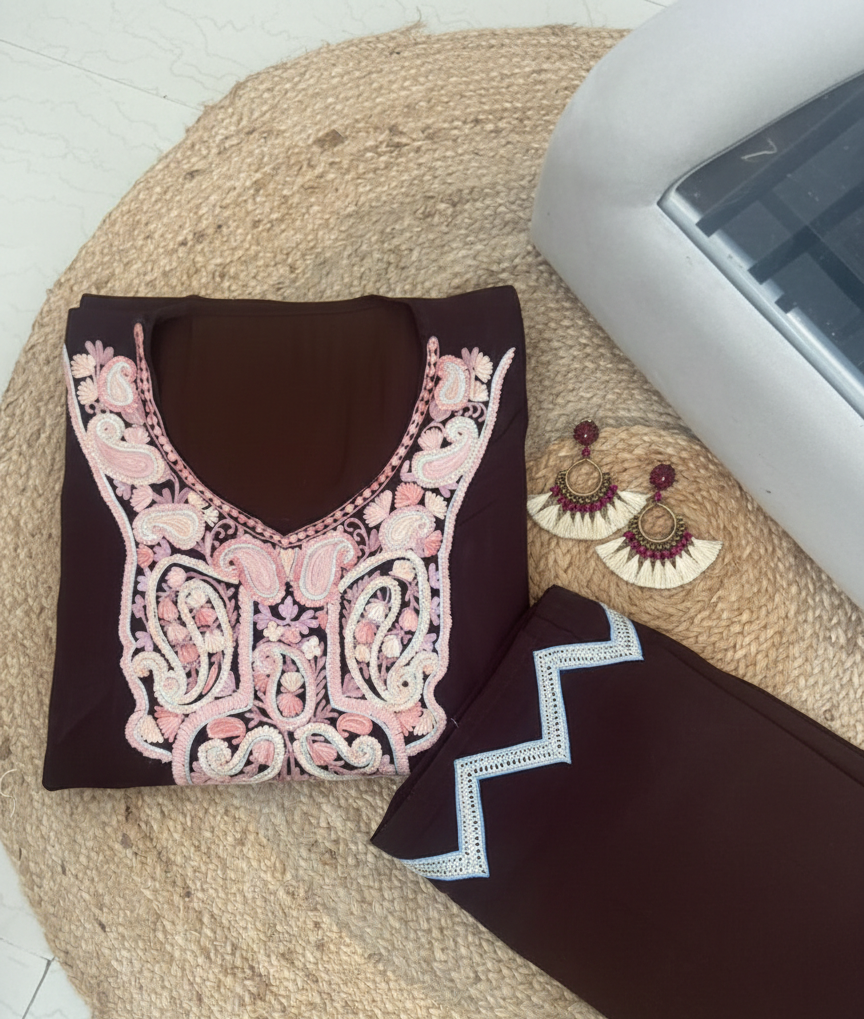 Deep Brown Super Marisa Kashmiri Kaftan with Pants | Ladies Sangeet Outfit