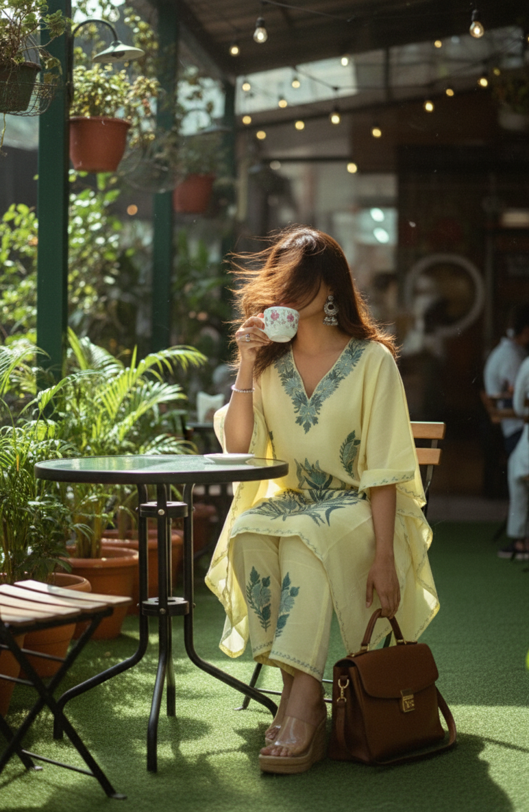 Yellow Kaftan with Green Aari Embroidery | Boho Muse