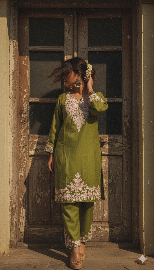 Light Green Coord Set with Pink and Cream Embroidery (Kurti with Pants) | Festival Collection