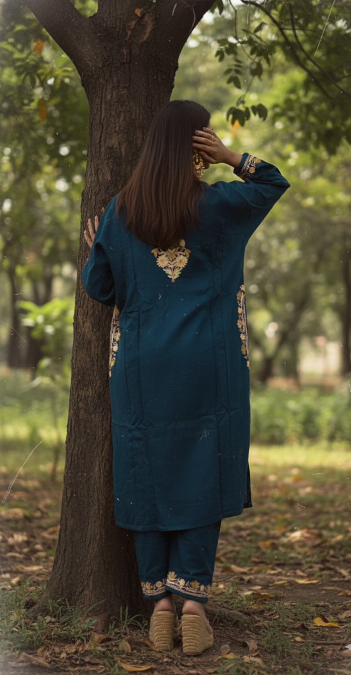 Kashmiri Phiran with Pants - Teal Blue with Flower Embroidery | Woolen | Winter Collection