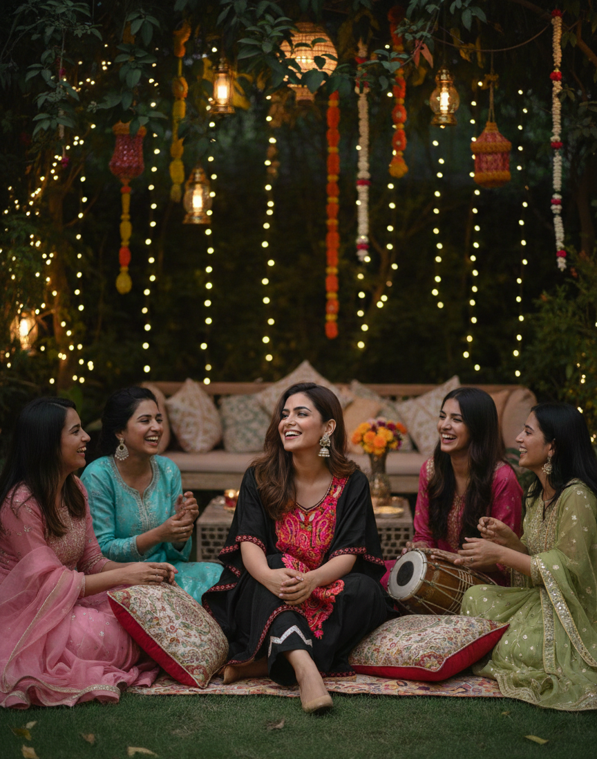 Midnight Bloom Kashmiri Kaftan with Pants | Ladies Sangeet Outfit