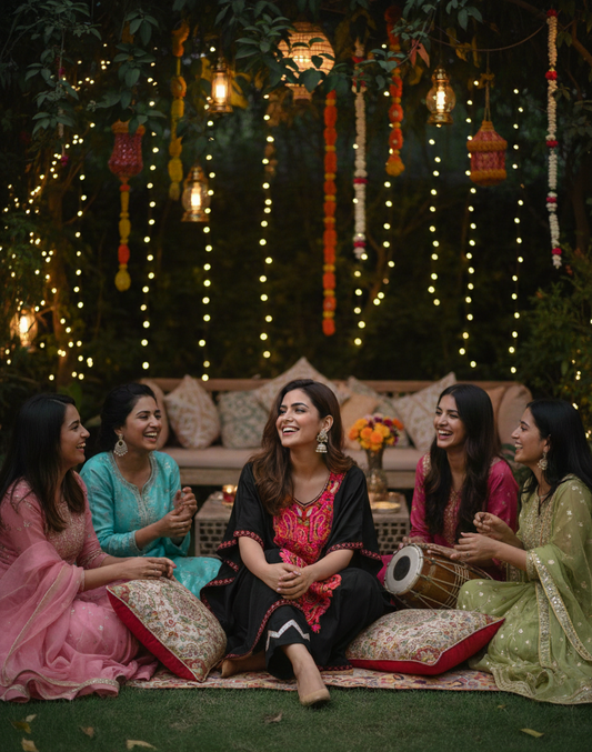 Midnight Bloom Kashmiri Kaftan with Pants | Ladies Sangeet Outfit