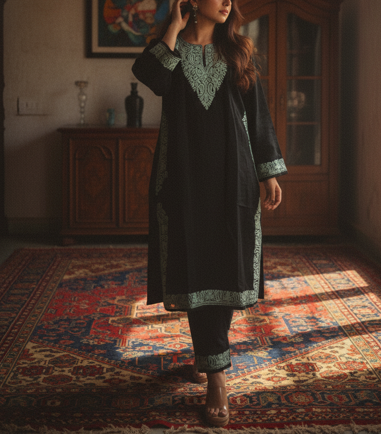 Kasmiri Phiran with Pants-Enchanting Black | Woolen Collection Muse