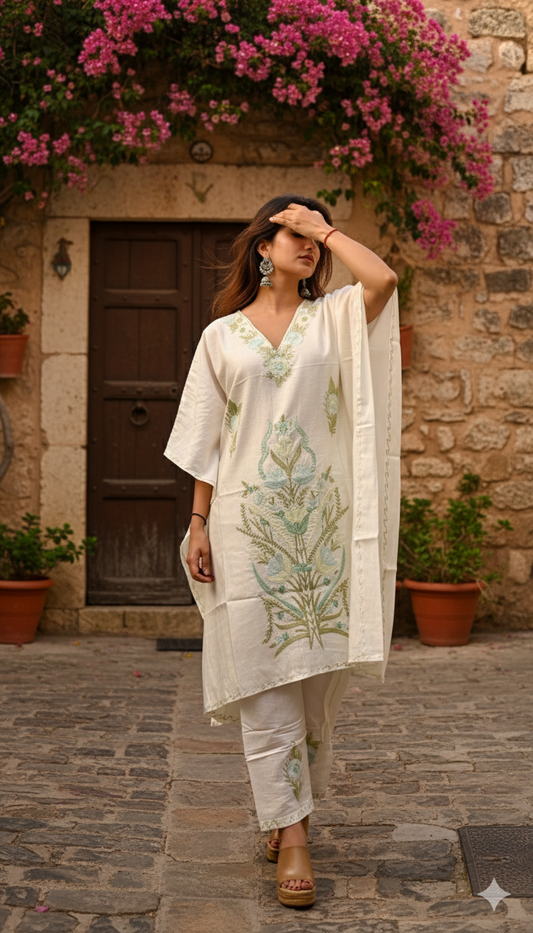 White Kaftan with Light Green Kashmir Aari Embroidery | Boho Muse Collection