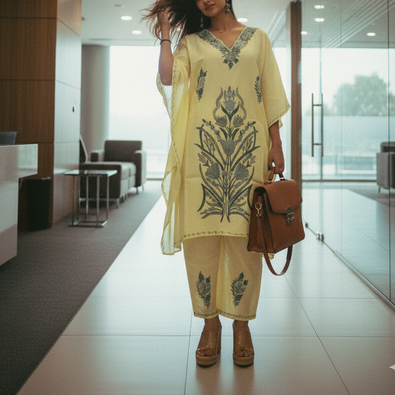 Yellow Kaftan with Green Aari Embroidery | Boho Muse