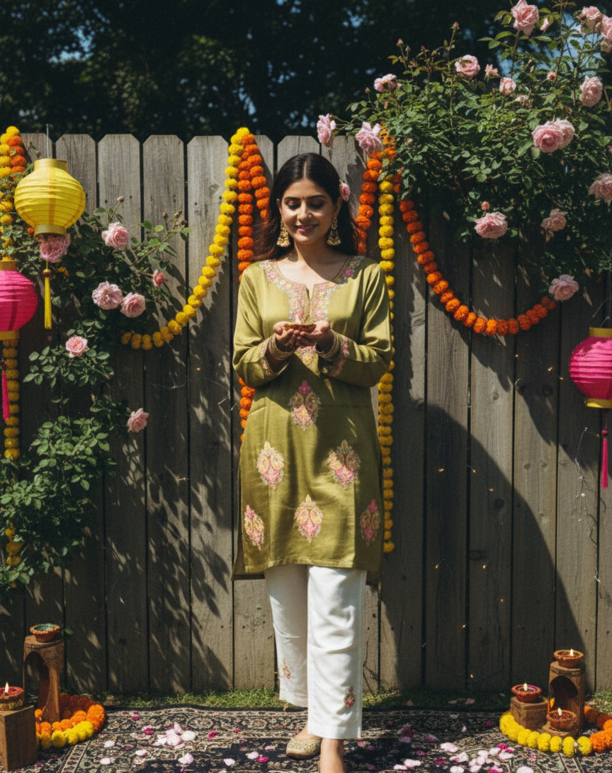 Premium Coord Set, Light Green Kurti with Cream Pants (Super Marisa Fabric)