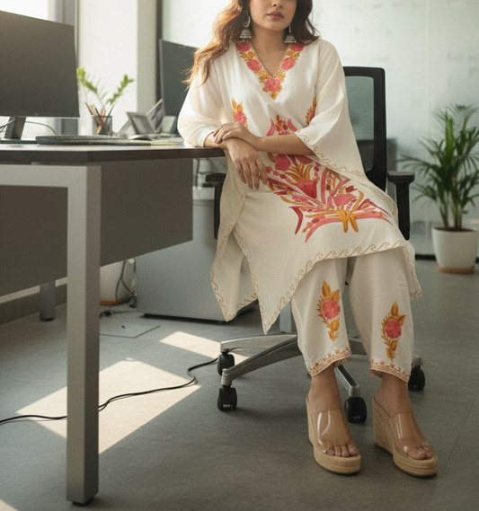 Elegant White Kaftan with Aari Embroidery | Boho Muse