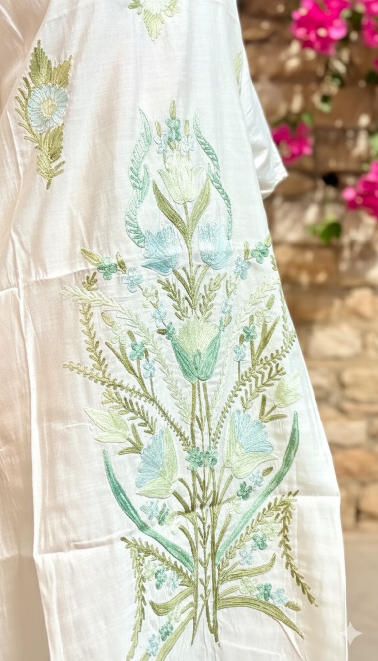White Kaftan with Light Green Kashmir Aari Embroidery | Boho Muse Collection